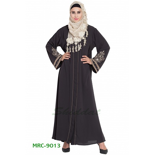 Front open abaya with embroidery- Charcoal grey